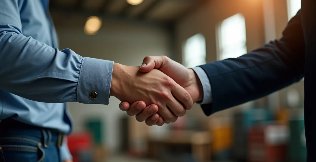 Poignée de main entre deux professionnels dans un environnement industriel