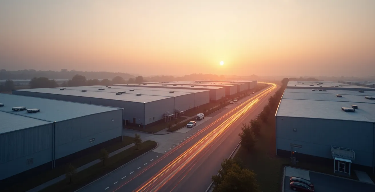 Vue aérienne d'une zone industrielle choletaise avec des connexions symboliques entre les bâtiments