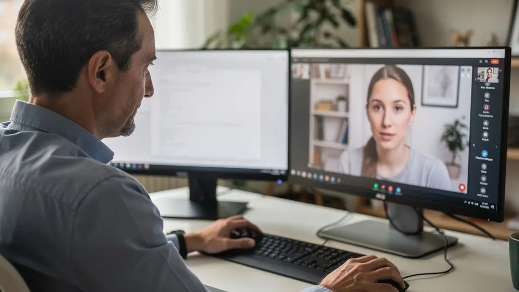 Consultant en recrutement international lors d'une visioconférence avec un candidat expatrié