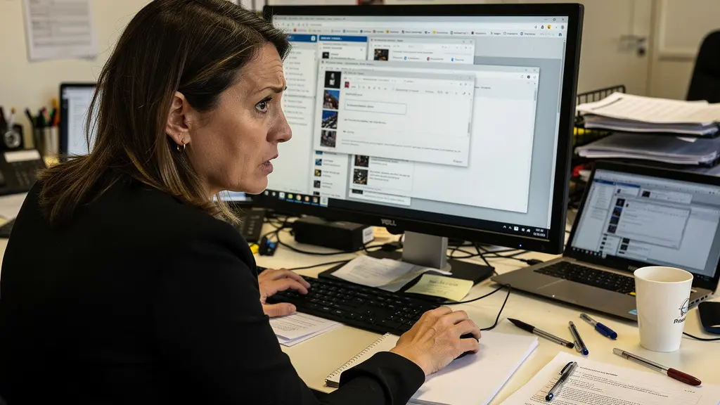 Responsable RH concentrée devant son écran avec multiples dossiers de candidatures internationales